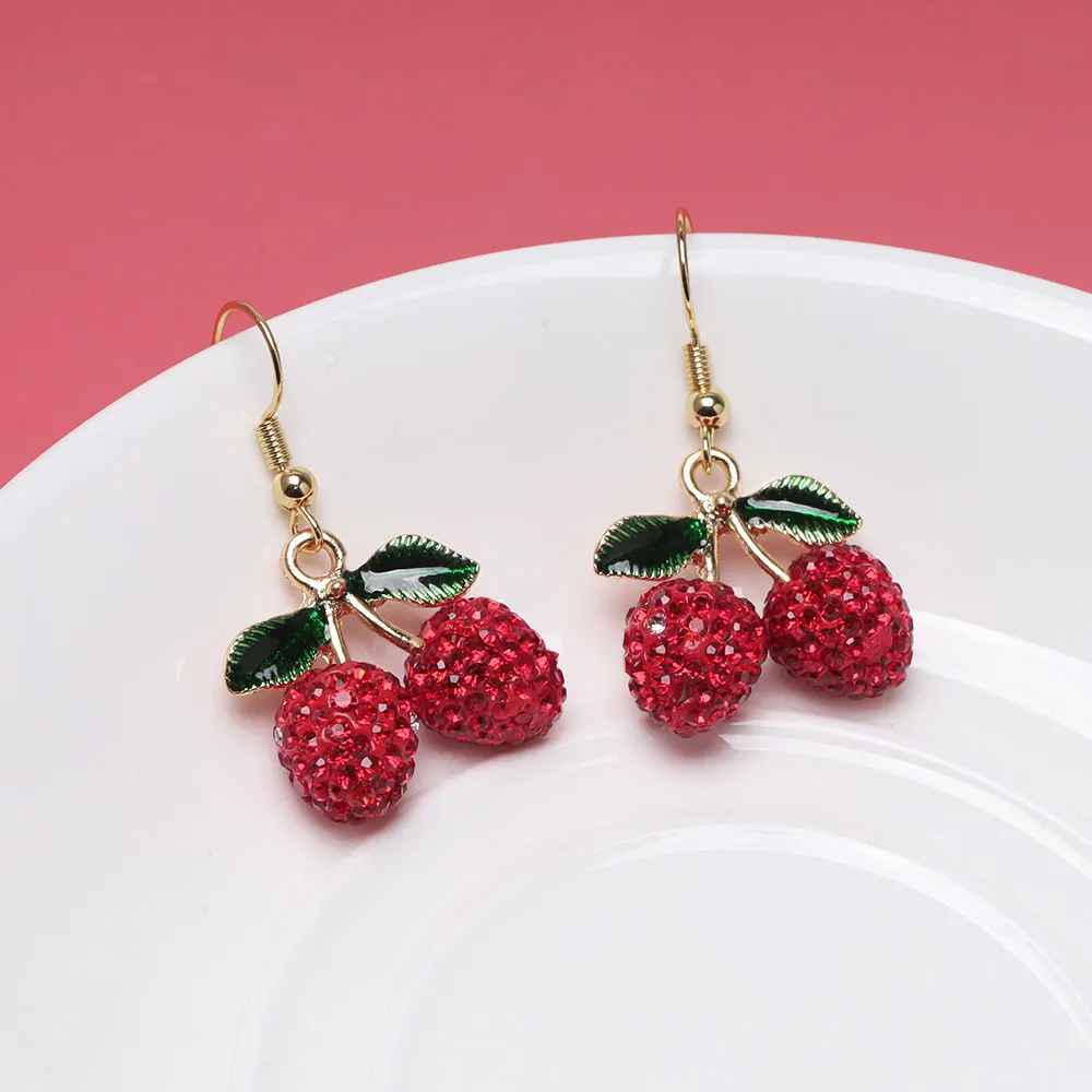 لطيف الكرز الأقراط استرخى للنساء الأحمر حجر الراين كريستال الأقراط الحلو الفاكهة الفتيات القرط الصيف الشاطئ الأزياء والمجوهرات #5