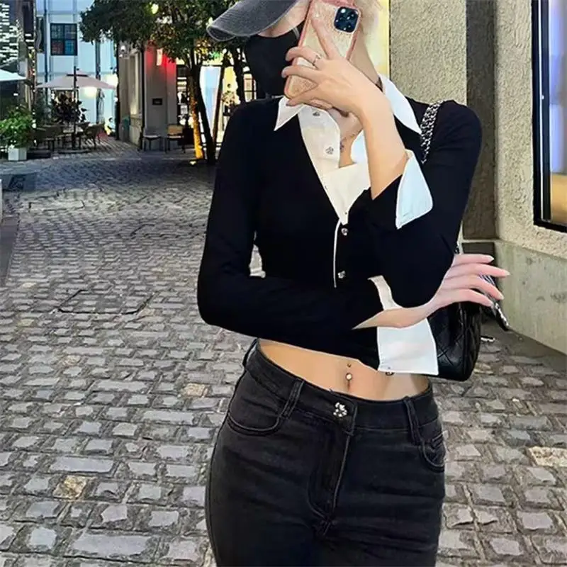 Autumn Blouses For Woman Shirt Lady Street Fashion Y2K Splicing Fake Two Pieces Crop Top Slim Fit  Long Sleeve Cardigan Tops