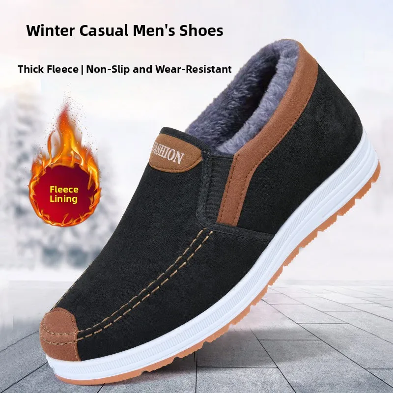 Warm Fleece Lined Dad Shoes Soft Bottom Comfortable Anti-Slip Wear-Resistant Beijing Style Cotton Shoes for Men with Bull Ten...