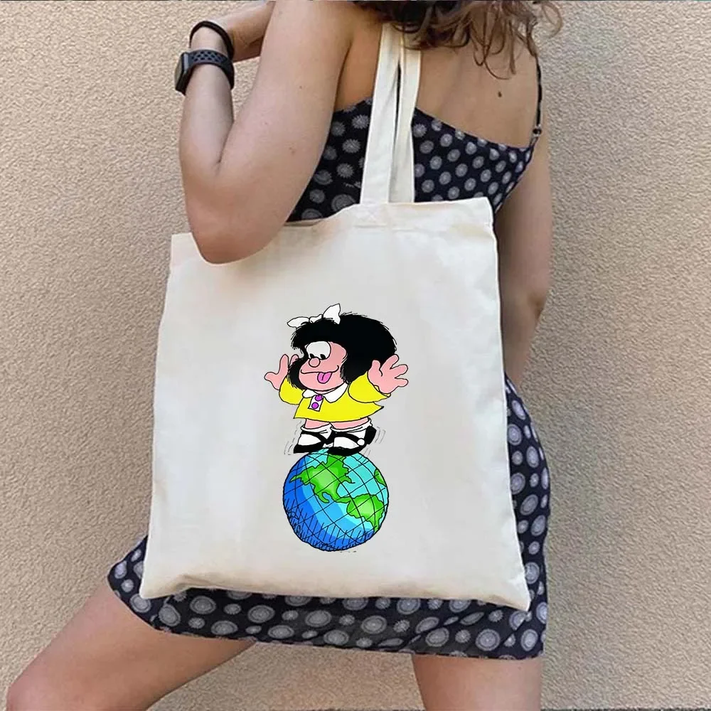 Kawaii Mafalda Shopping Bag Cute Anime Manga Girl Harajuku Flower Canvas Tote Bag Large Capacity Shopper Casual Shoulder Handbag