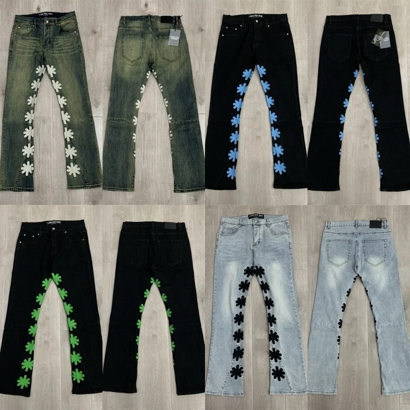 

High Quality Green Flower Embroidered Lost Shdws Jeans Black Button Zipper Casual Slightly Flared Pants Men Women Trourers