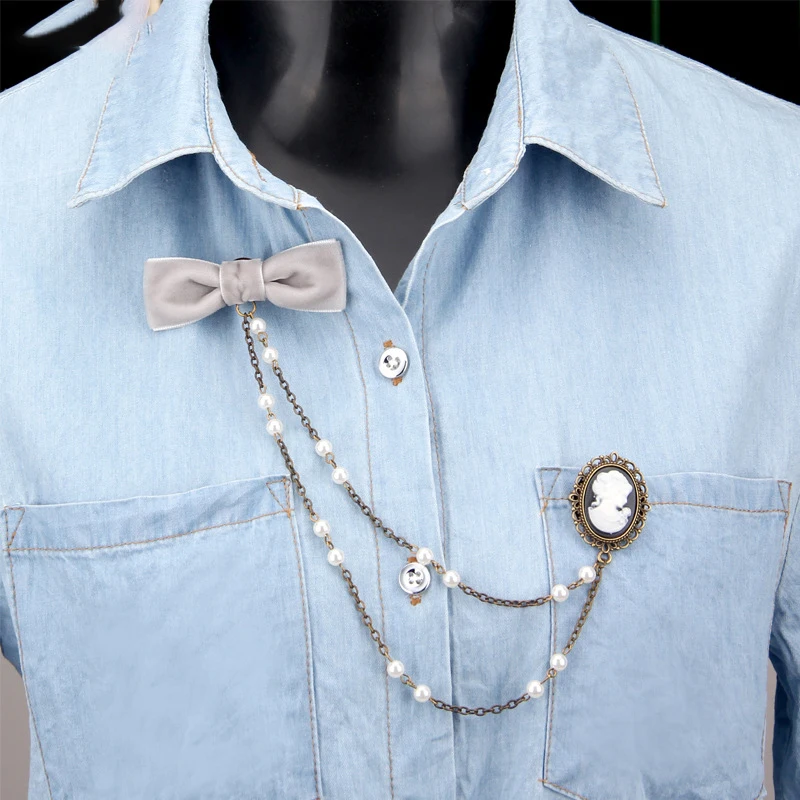 Cross border retro style sweater cardigan pin accessories, palace beauty head pearl velvet bow brooch