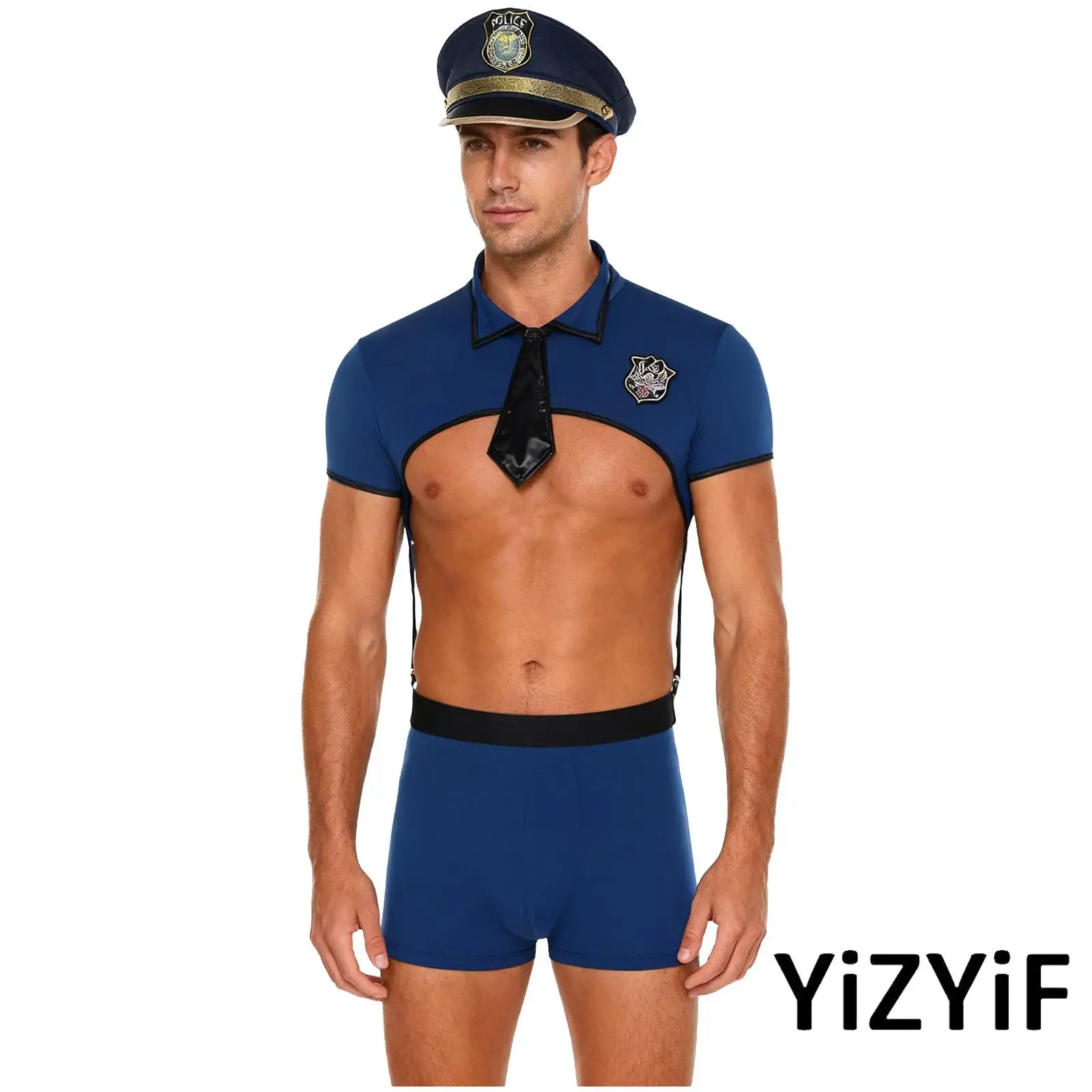 

Mens Bold Officer Policeman Roleplay Lingerie Outfit Short Sleeve Showing Chest Muscle Crop Top+Boxer Underwear +Hat+Necktie Set