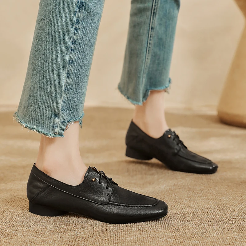 Women Casual Loafers Shoes Genuine Leather 2025 Spring Slip-On Low Heels Shoes Vintage Office Daily Size 34-40 Womens Shoes