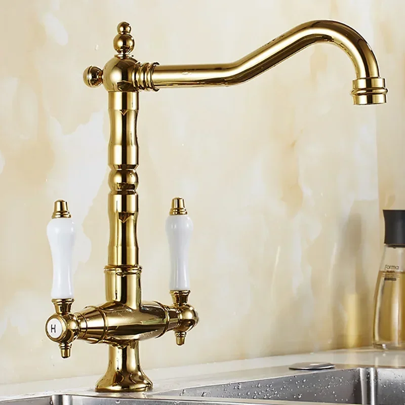 Faucet for Kitchen Dual Handle Antique Brass Retro Faucet 360 Degree Rotation Kitchen Sink Taps Deck Mounted Bathroom Sink Mixer