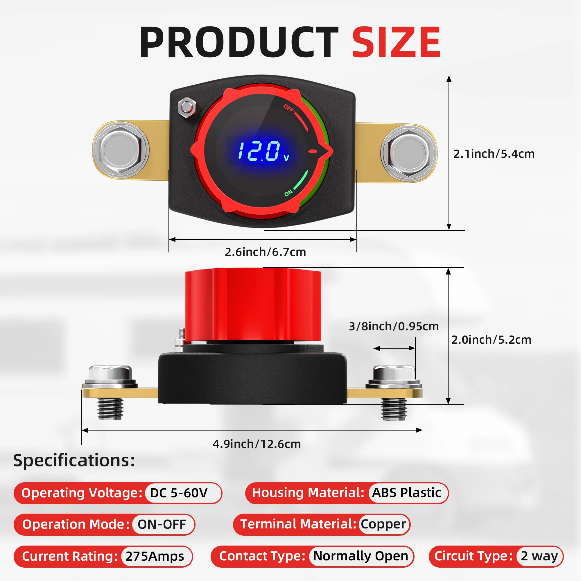 Side Post Battery Disconnect Switch 12V-48V with LED Voltmeter Display DC 5-60V Battery Kill Switch Marine Cut Off Switch