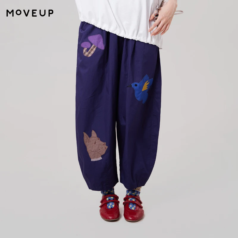 

MOVEUP loose straight pants 2026 summer new cartoon embroidered pure cotton elastic waist casual Trousers for women 3ELX20107