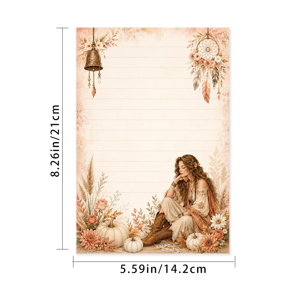 50 Sheets, Bohemian Autumn Girl-themed Writing Paper, Lined, Glue-free, Perfect For Notebooks, Memos, And Stickers