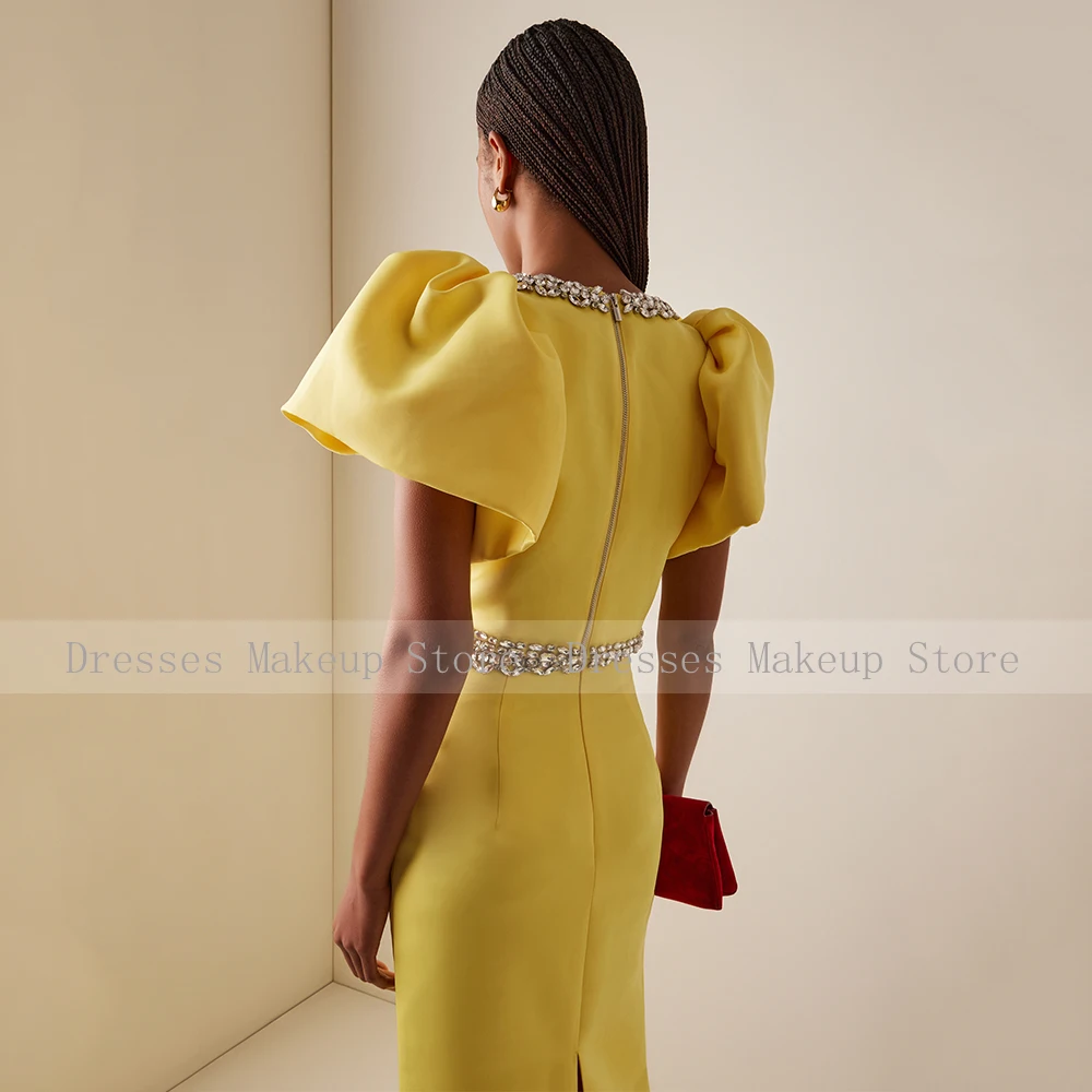 Customized Modern Cocktail Dress Maxi 2 Pieces Crystal O Neck Yellow Prom Gowns for Women Puff Sleeves Column Formal Party Dress image 2