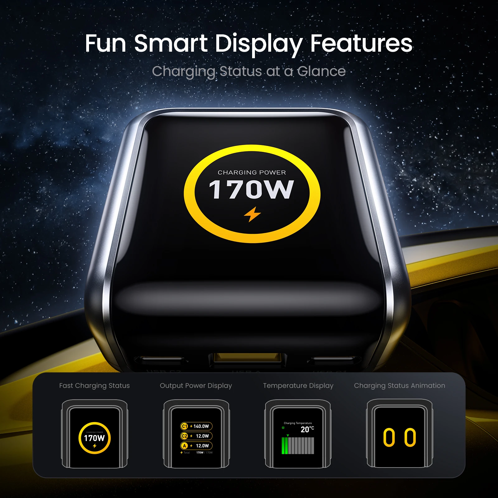 [NEW] AOHI THE FUTURE Car Charger  AI PD GAN+ 170W 3-Port LED Display Fast Car Charger