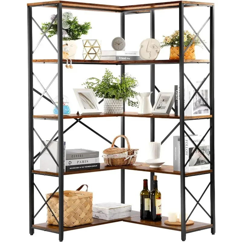 

Bookshelf 5 Tier Corner Shelf, Large Modern Industrial Bookcase L Shaped Storage Display Rack with Heavy Duty Metal Frame