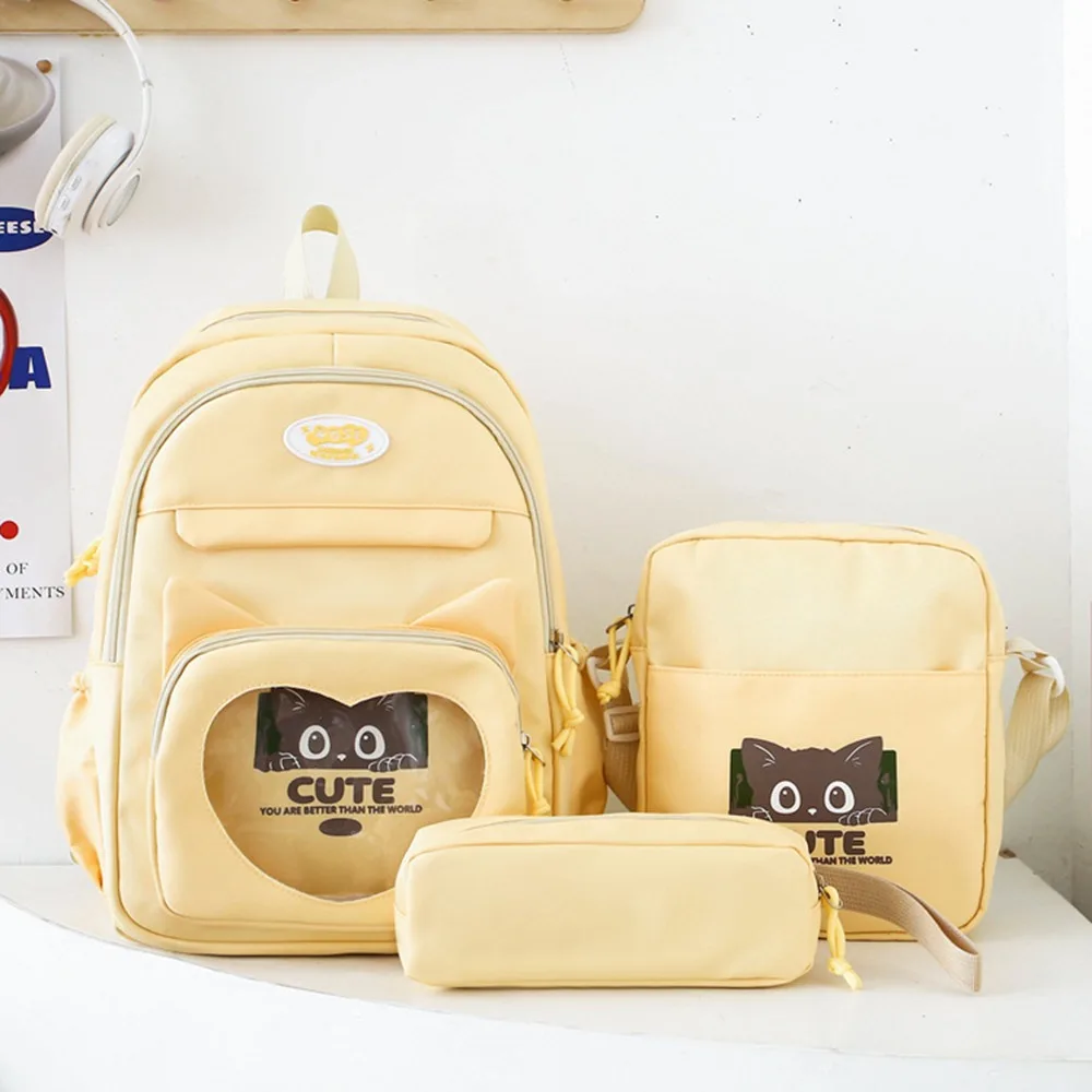 

3pcs/set Nylon Transparent School Backpack Waterproof Large Capacity Students Ita-bag Solid Color Pencil Bag