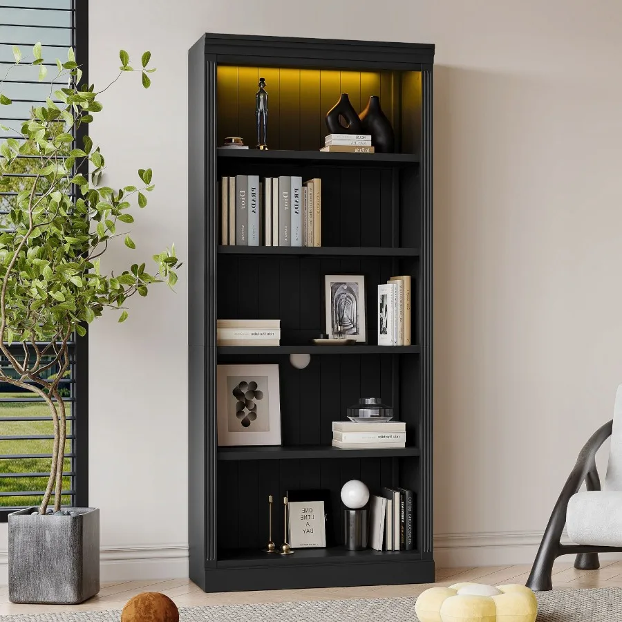 

83.4 Tall Wood Bookcase with light strip 5Tier Dr Bookshelves with Adjustable Shelves Storage Organizer for CDs Books Movies Fr