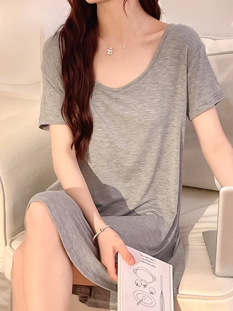 

2024 Summer New Short Sleeve Sleep Dress Women Thin Modal Color Backless Student Summer Pyjamas with Chest Pad