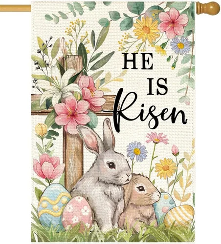 Easter Cross House Flag 28 X 40 Double Sided for Outside, Bunny He Is Risen Colo 313056693660 AAV hhz