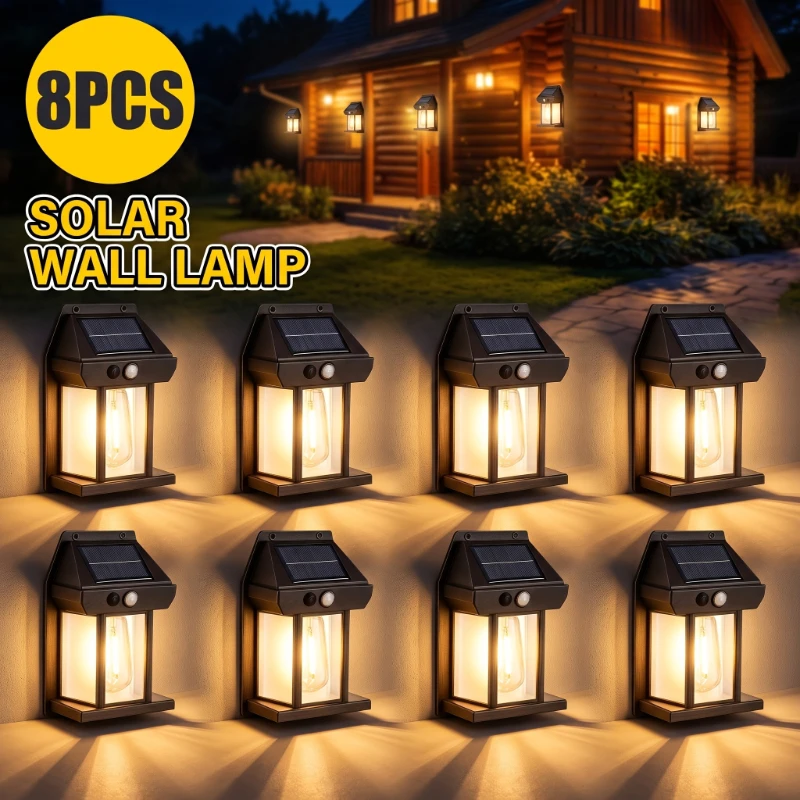 1/2/4/8Pcs Outdoor Solar Tungsten Wall Light with Motion Sensor Waterproof 3 Modes LED Safety Light for Patio Deck Porch Garage