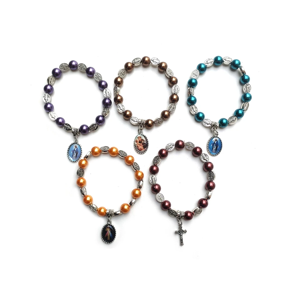 QIGO Holy Father Mother Pendant Glass Pearl Elastic Saint Benedict Bracelet For Men Women Religious Jewelry