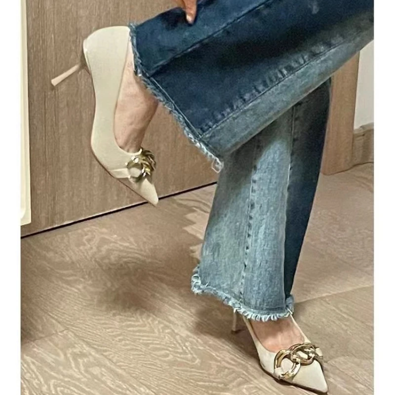 Nieuwe Zwarte Pumps Elegante Vrouwen Hoge Hakken Metallic Leren Stiletto Hak Puntvormige Neus Slingback Zomer Dames Schoenen