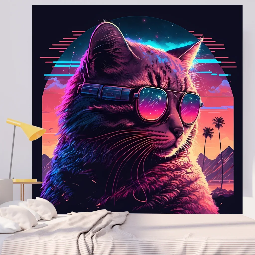 

Cat Fluorescent Tapestry Aesthetic Poster Hanging Cloth House Room Psychedelic Decoration On Wall