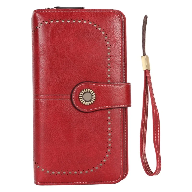 RFID Blocking Leather Wallet Large Capacity Double Snap Button Women Wallet With Removable Wrist Strap Wine Red