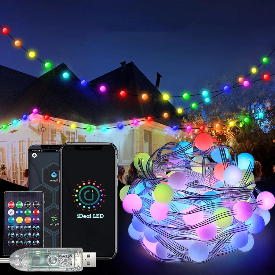 RGB LED Fairy Lights Globe String Smart Addressable USB Garlands with Bluetooth Remote Control for Outdoor Christmas Room Decor