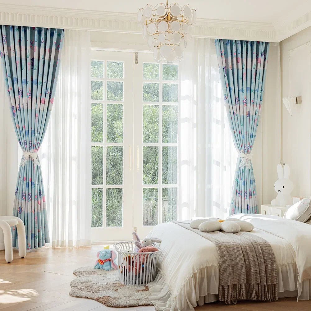 KAUNFO Cartoon Style Blue Printing Curtain pannello per tende ombreggiante spesso per la camera dei bambini Home Bedroom Decor 1PC