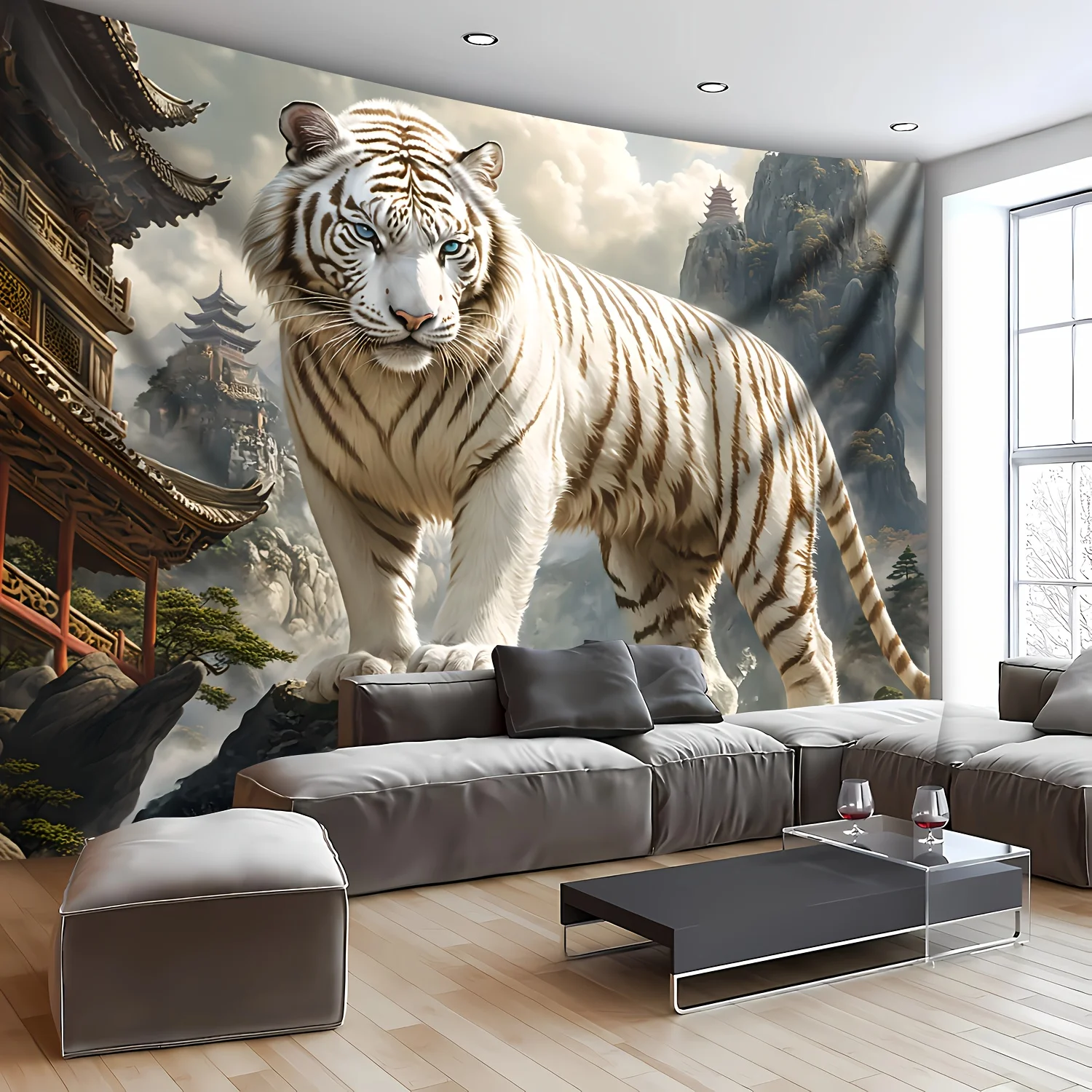 Large Vibrant White Tiger Landscape Wall Tapestry - Easy Install, for Living Room, Bedroom, Office & Parties