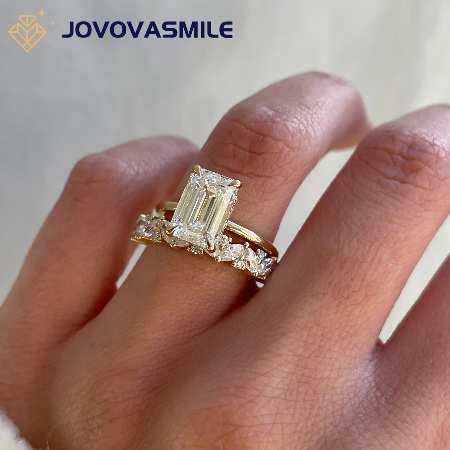 JOVOVASMILE 3 Carat 7*9mm Emerald Cut Moissanite Ring Sets 2 Rings Together 18K Solid Gold for Woman Engagement and Wedding