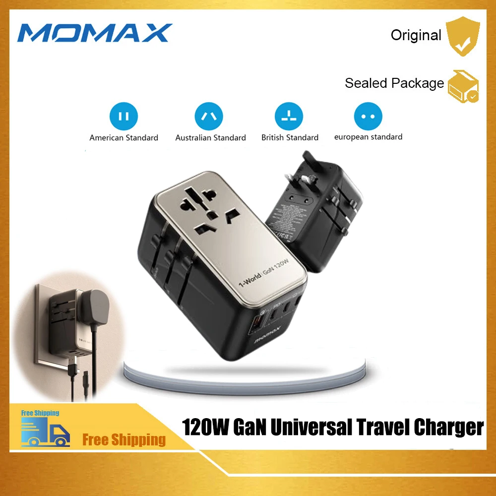 

MOMAX GaN 120W Fast Charge Travel Converter Plug Universal Power Converter Socket for Laptop Charging 1A3C Titanium Gold 1-World