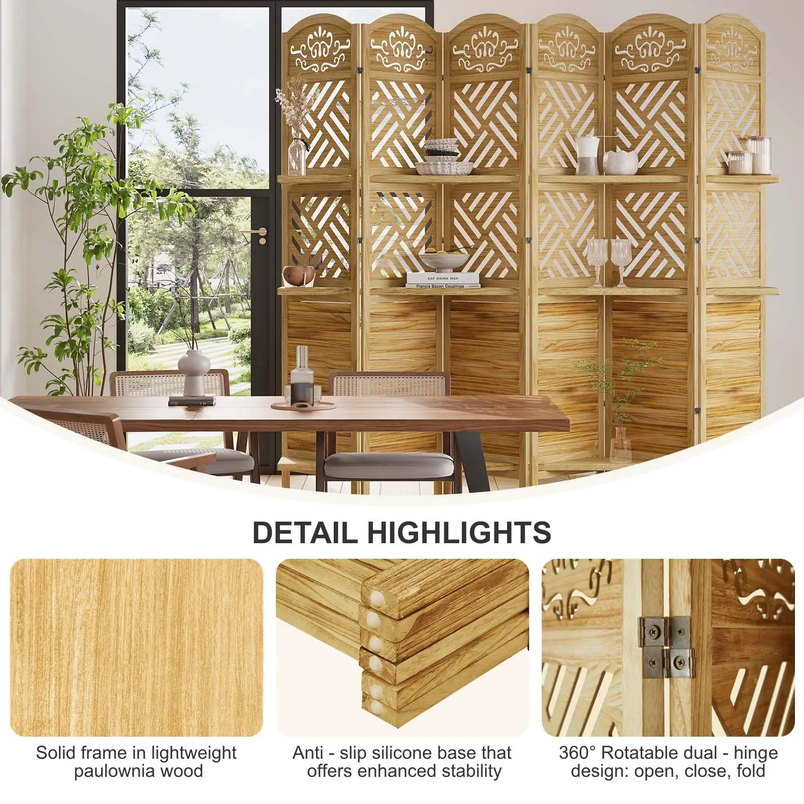 Room Divider with Shelves, 5.75ft Tall Folding Wood Carved Screen with Double Hinges for Home Office Bedroom Hotel