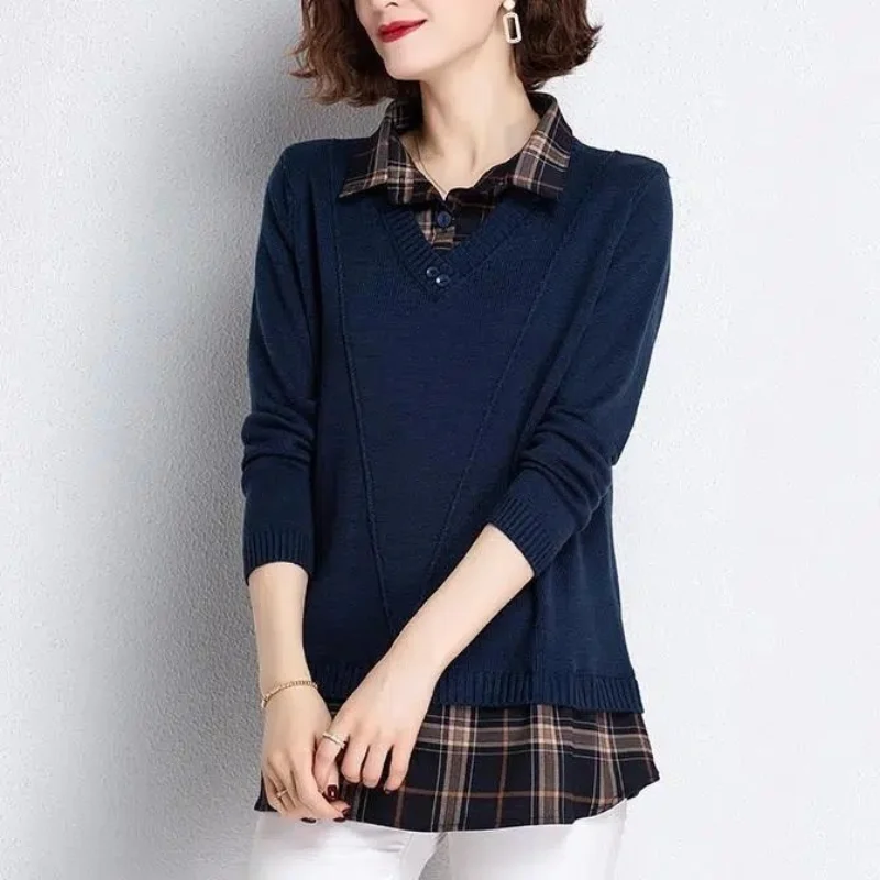 Trendy and Versatile Women's Top 2023 Autumn and Winter New Korean Version Button POLO Collar Long Sleeve Solid Color Pullover