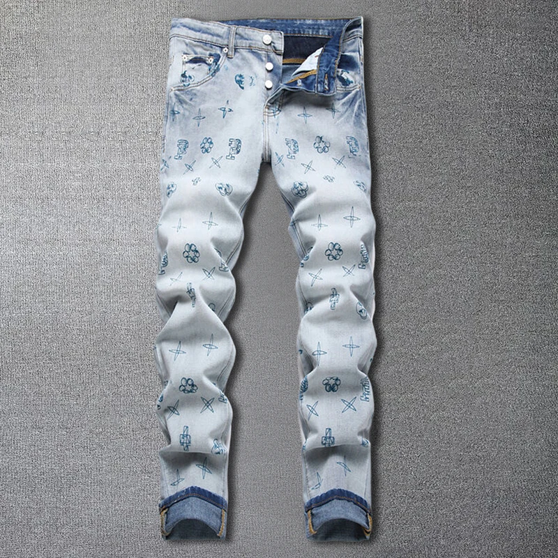 New Style Trendy Printing And Dyeing Blue Jeans Straight Elastic Pant Men Slim Jean High Street Trendy Blue Jean Vaqueros Hombre