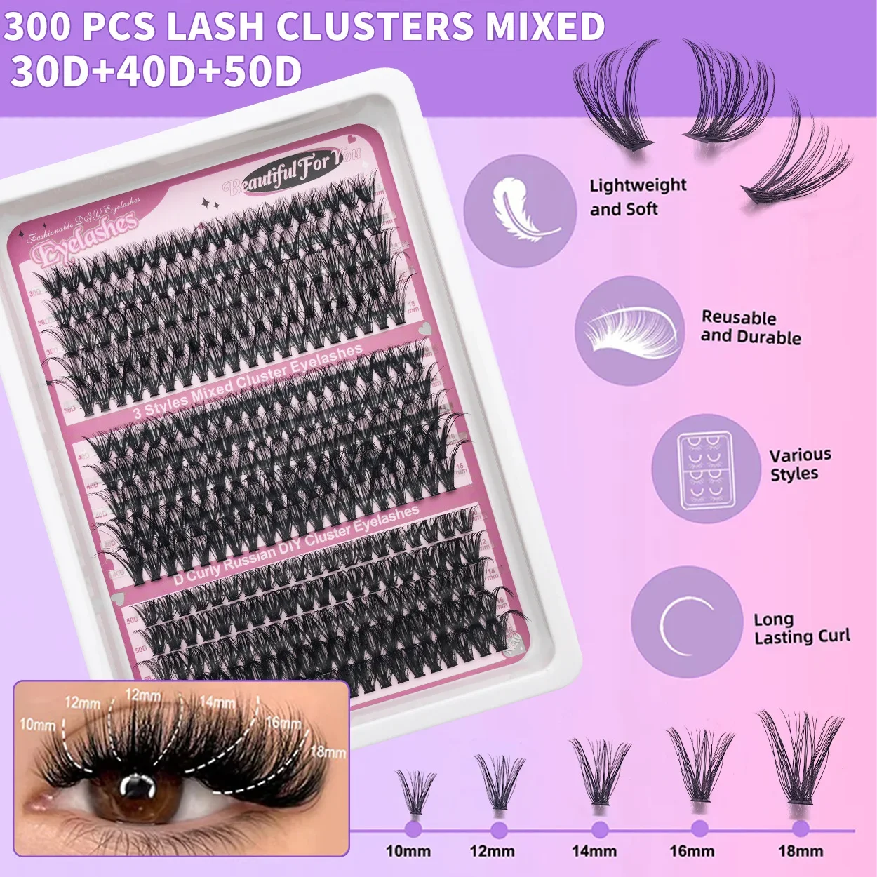 DIY Lash Clusters Set Mixed Tray Lashes Kit Mix Lash Clusters Bond and Seal and Lash Applicator Makeup Tool Lashes Cluster