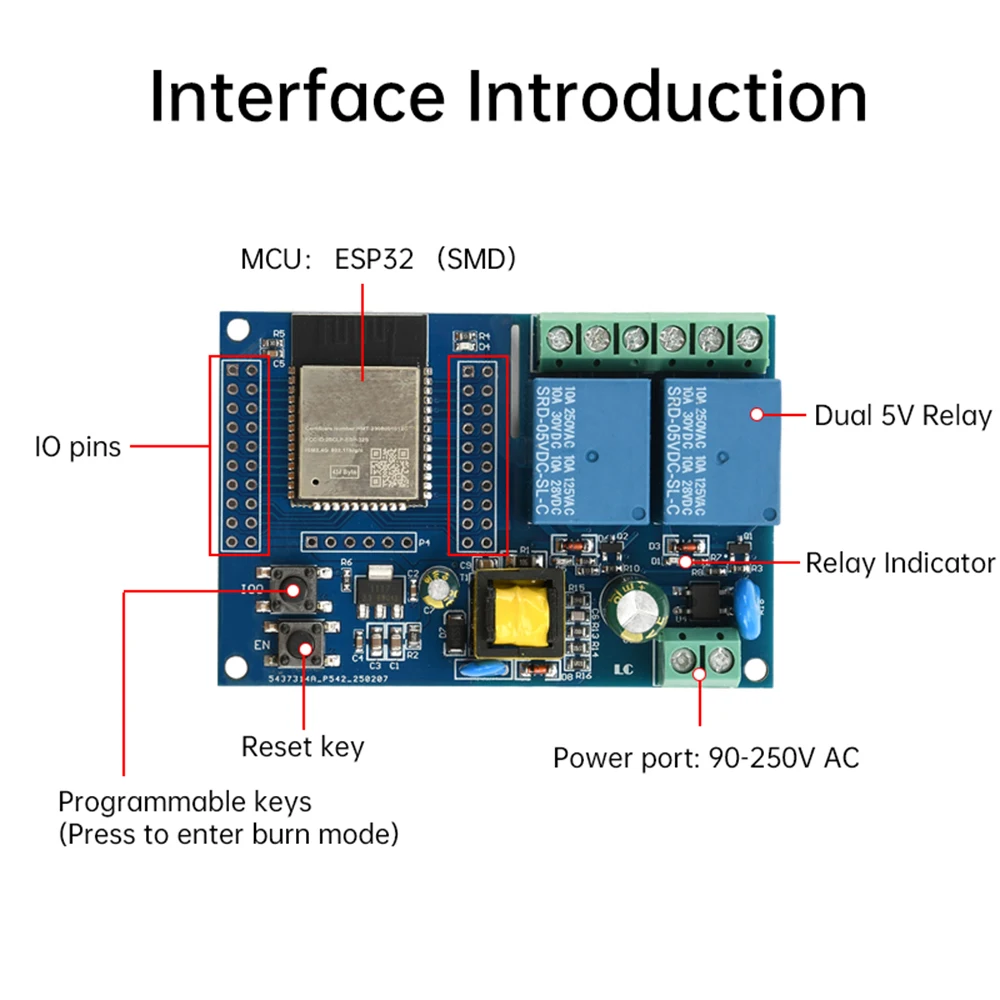 ESP32 WIFI Bluetooth 2 Channel Relay Module With Indicator Light ESP32-WROOM Development Board Accessories 90-250V for Smart Hom