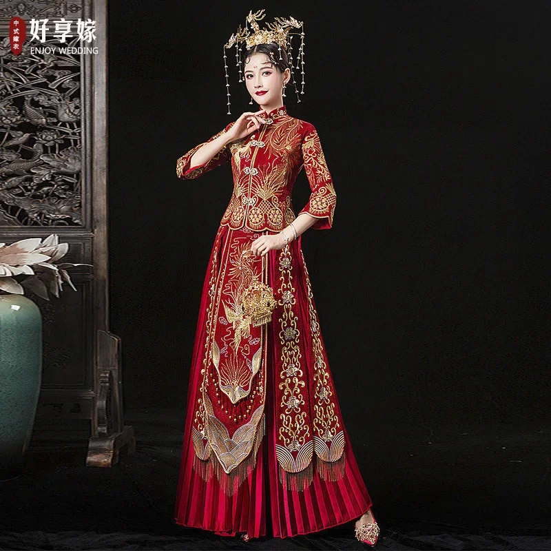 

Women Qipao Party High Quality Red Chinese Wedding Dress Female Phoenix Embroidery Cheongsam Slim Traditional Dress