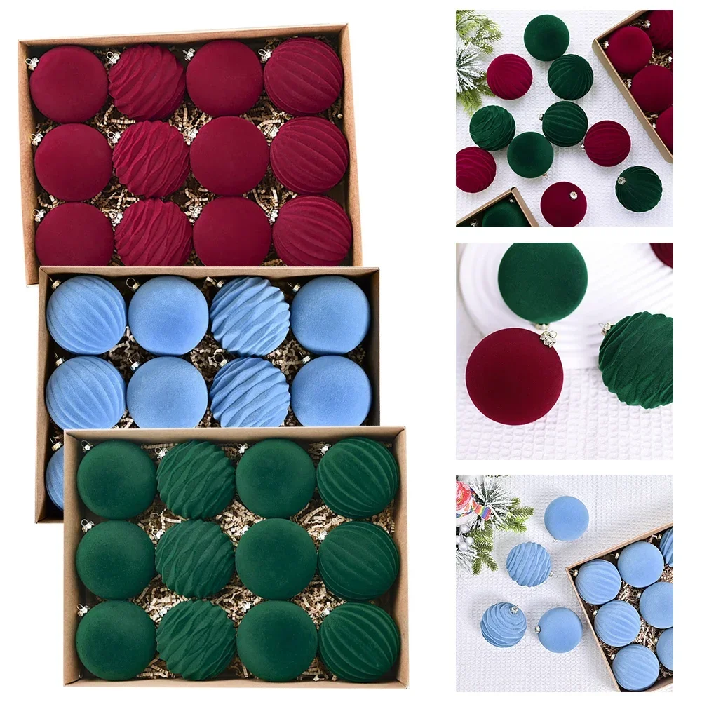 

12pcs 8cm Flocked Christmas Ball Ornaments Xmas Tree Hanging Pendant Christmas Decorations For Home 2025 Navidad New Year Gifts