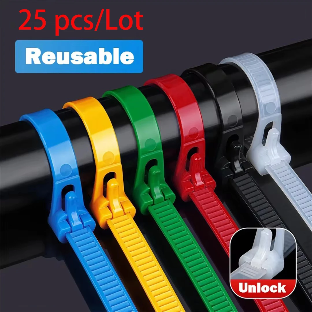 

High Quality Reusable Plastic Cable Zip Ties Releasable Nylon May Loose Slipknot 150mm-600mm Detachable Bundle 25pcs