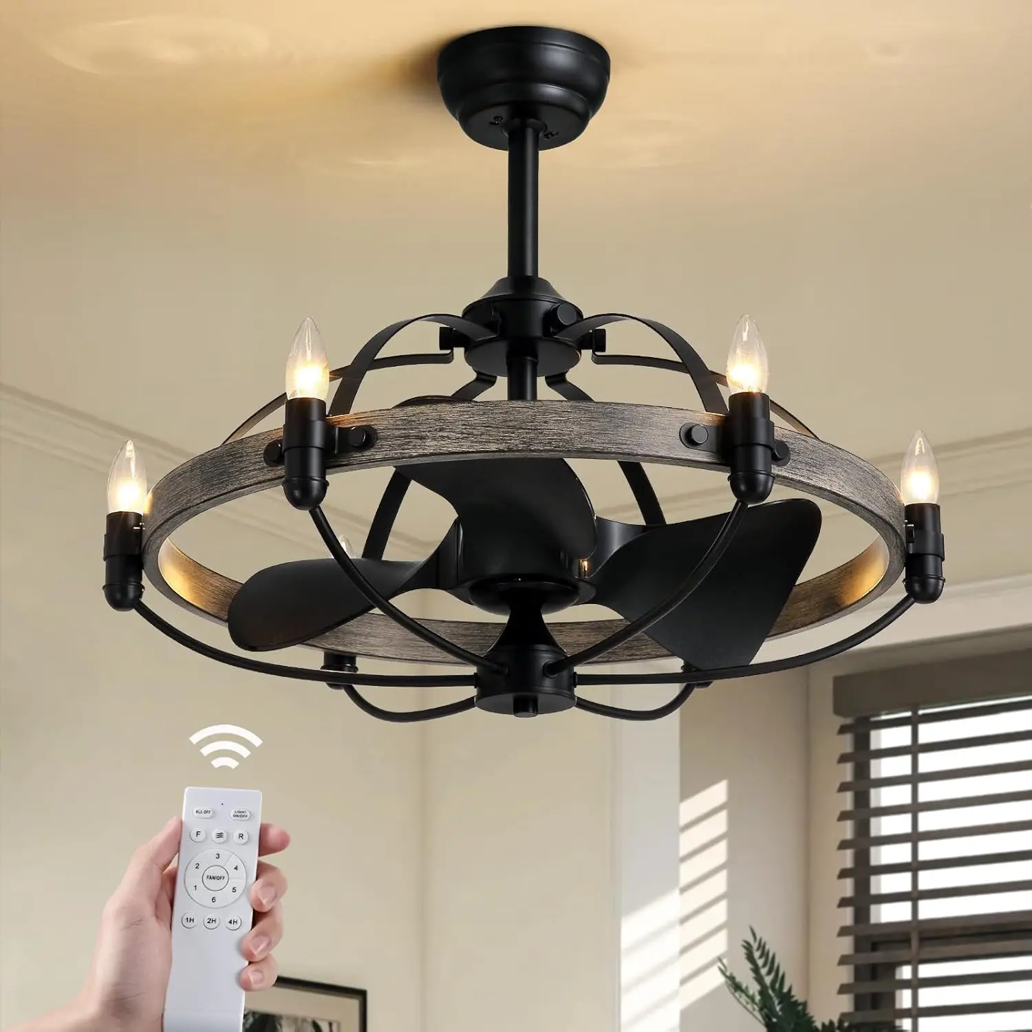 

27'' Farmhouse Cage Ceiling Fan with Light Remote Control, Ash Brown Rustic Ceiling Fan with Lights,Vintage Chandelier Fan for K