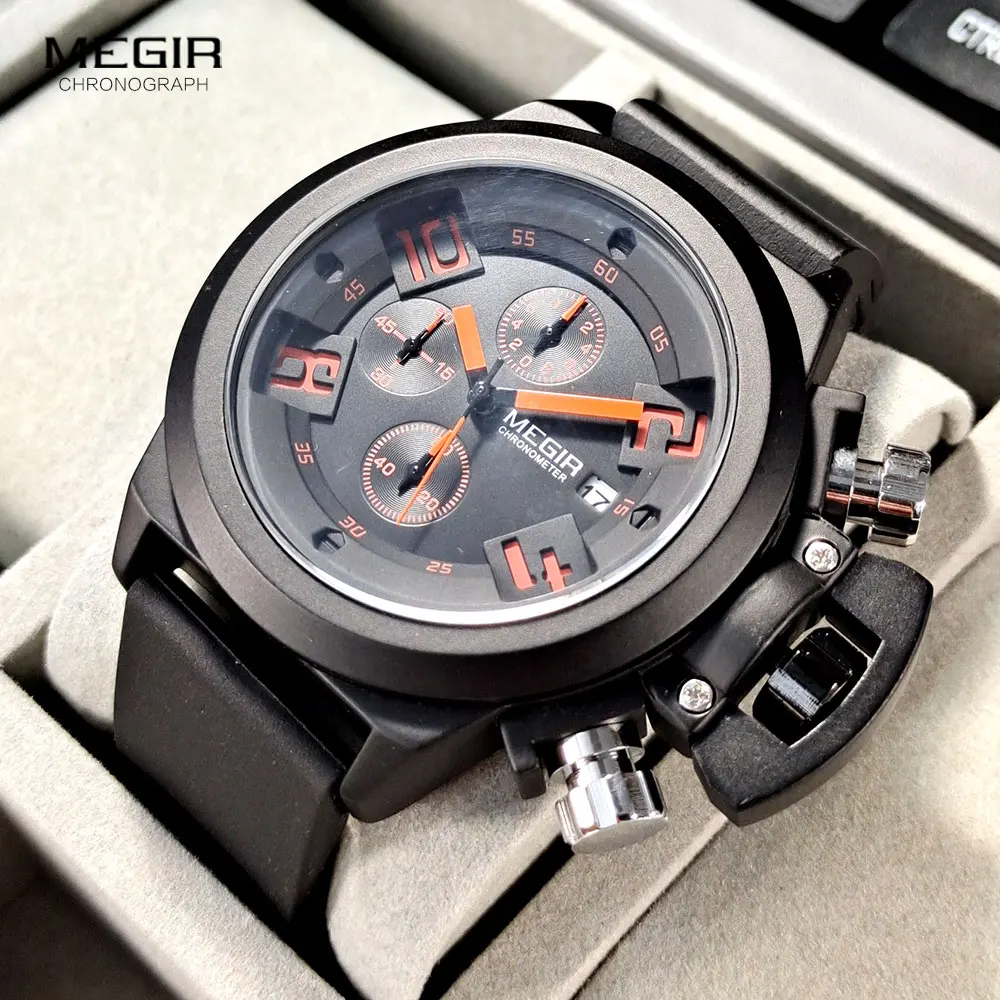 Fashion Megir Mens Silicone Band Sport Quartz Wrist Watches Analog Display Chronograph Black Watch For Man With Calendar 2002