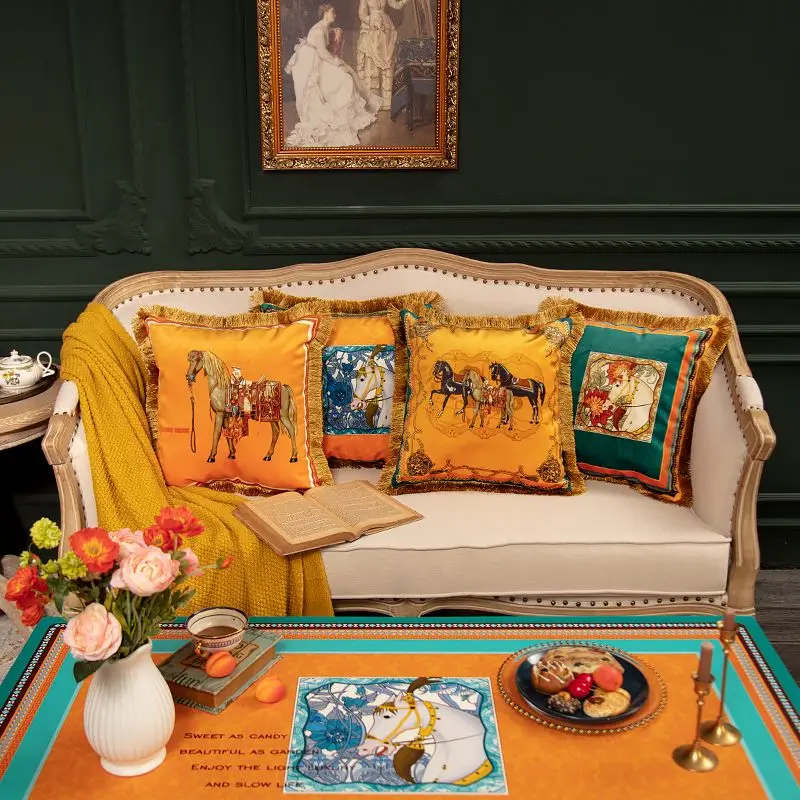 American Style Vintage Cushion Cover Double Sided Horse Print Velvet Tassel Pillowcase For Sofa Living Room