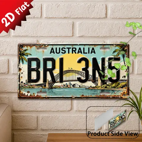 2D Flat, 1pc Vintage Metal Sign, Decorative Sign and Plaque 11.8 x 5.9 Inches, BRI 3N5 Metal Sign with Brisbane Landmark Design