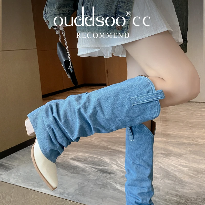 

Ods Knee-High Boots Ruched Design Contrast Sole Square Toe Block Heel Casual Fashion Footwear Spring Summer Trendy Ladies Boots