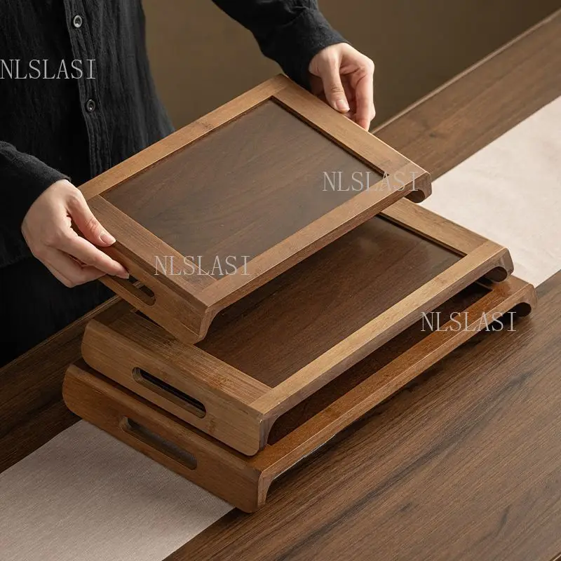 Natural Bamboo Rectangular Tea Tray Serving Tray with Cutout Handles Stackable Tea Tray for Home Kitchen Tableware Decor