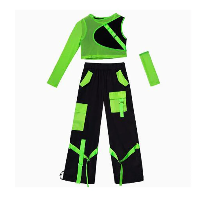 Kids Group Jazz Dance Costume Stage Kpop Outfits Girls Green Top Jogger Pants Child Hip Hop Clothing Street Dancewear XS7045