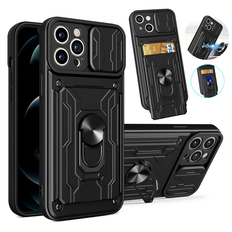 Slide Camera Shockproof Armor Phone Case For OPPO A16 Car Magnetic Holder Ring Protect Cover For A54 4G A55 With Card Slot Shell