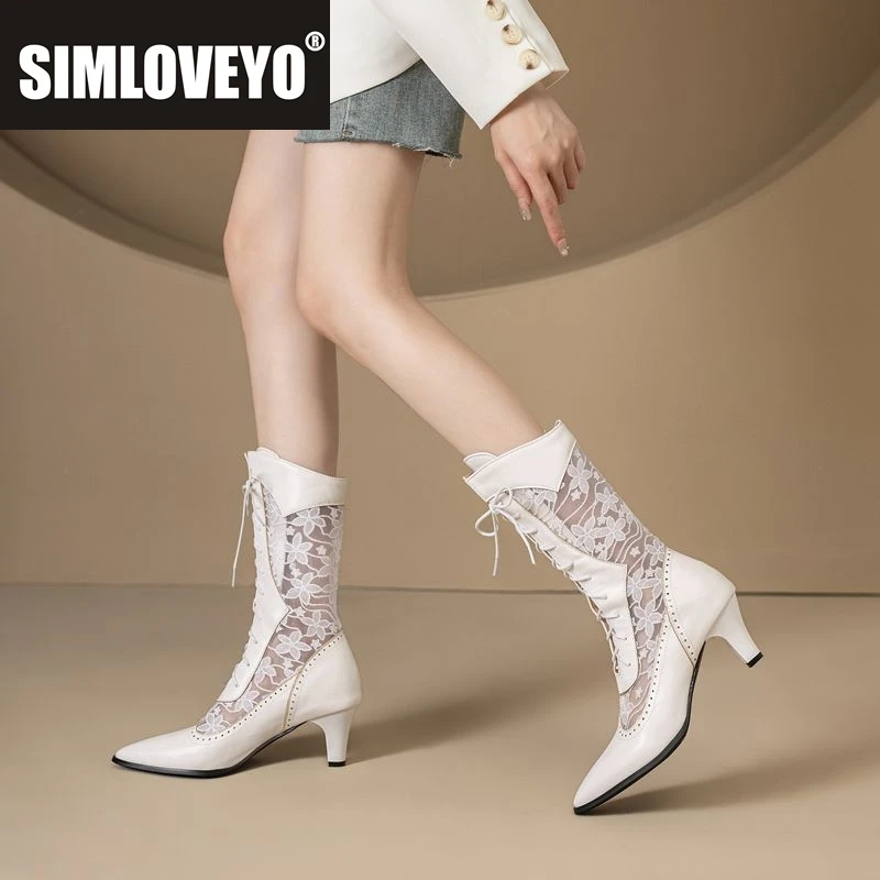 

SIMLOVEYO Fashion Women Summer Mid Calf Boots Pointed Toe Block Heels 6.5cm Lace Strap Up Breathable Mesh Flower Big Size 47 48