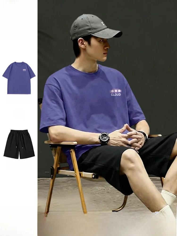 jeanswest-men's-summer-cotton-short-sleeve-shorts-set-breathable-casual-sports-wear-five-quarter-length-t-shirt-and-shorts