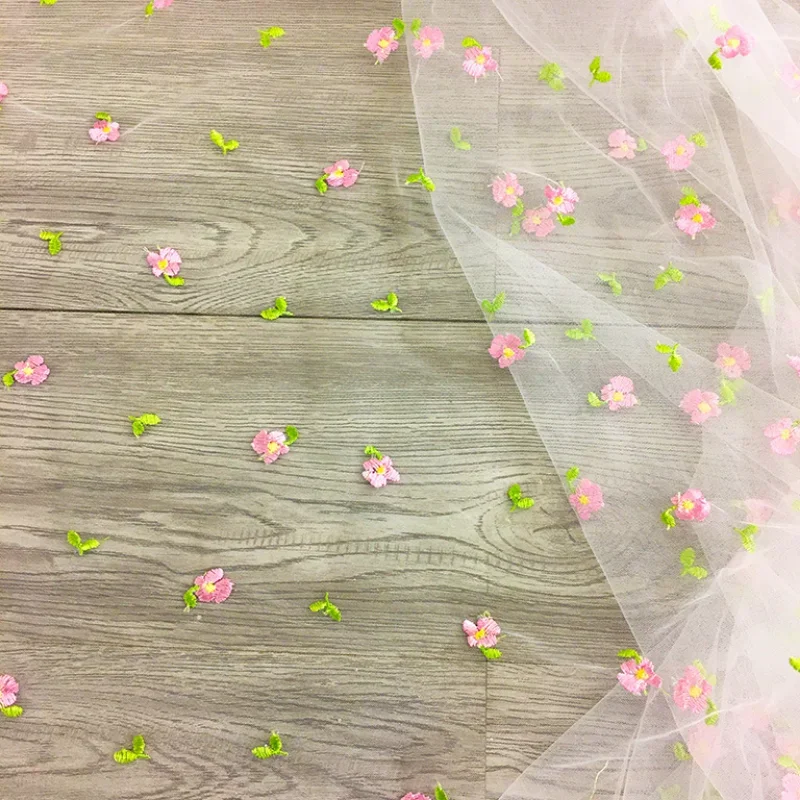 160x45cm Small Pink Flower Embroidered Mesh Fabric For Girls Princess Dress Tulle Handmade DIY Clothing Decoration Fabric TJ9656