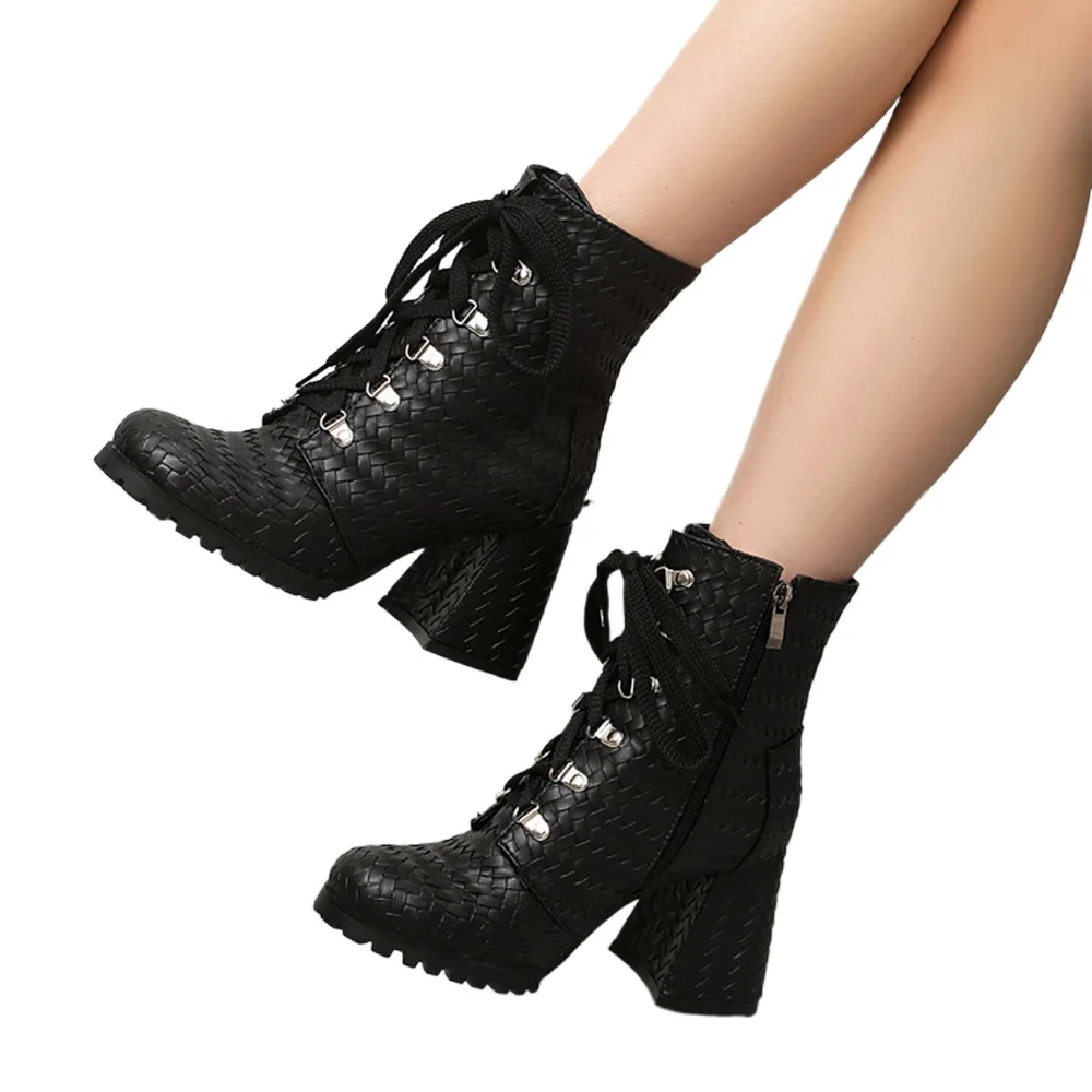 BLXQPYT Women Woven Textured Ankle Boots Lace Up Side Zipper Chunky High Heel Platform Booties Big Size 34‑48 34-3