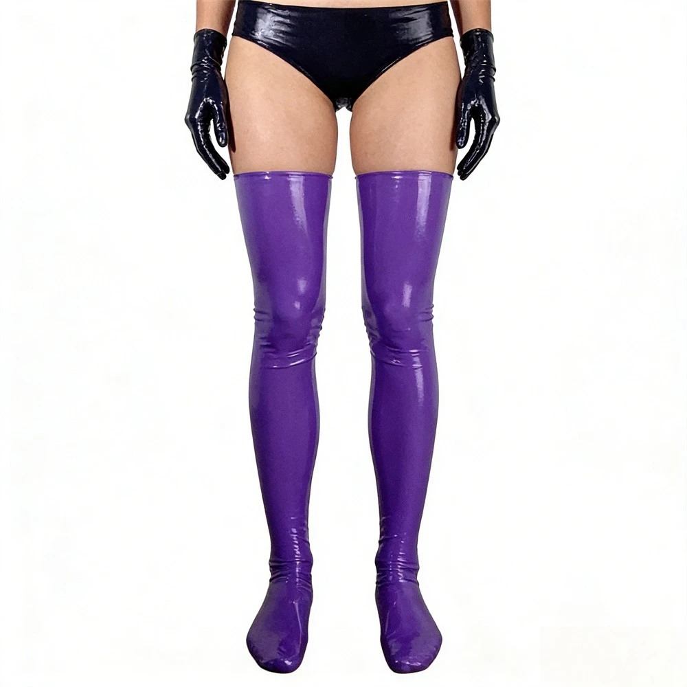 

Сексуальные длинные носки для костюма горничной, на заказ, из латекса, фиолетовые, обтягивающие, высокие, для клуба, ручной работы, резиновые, для косплея